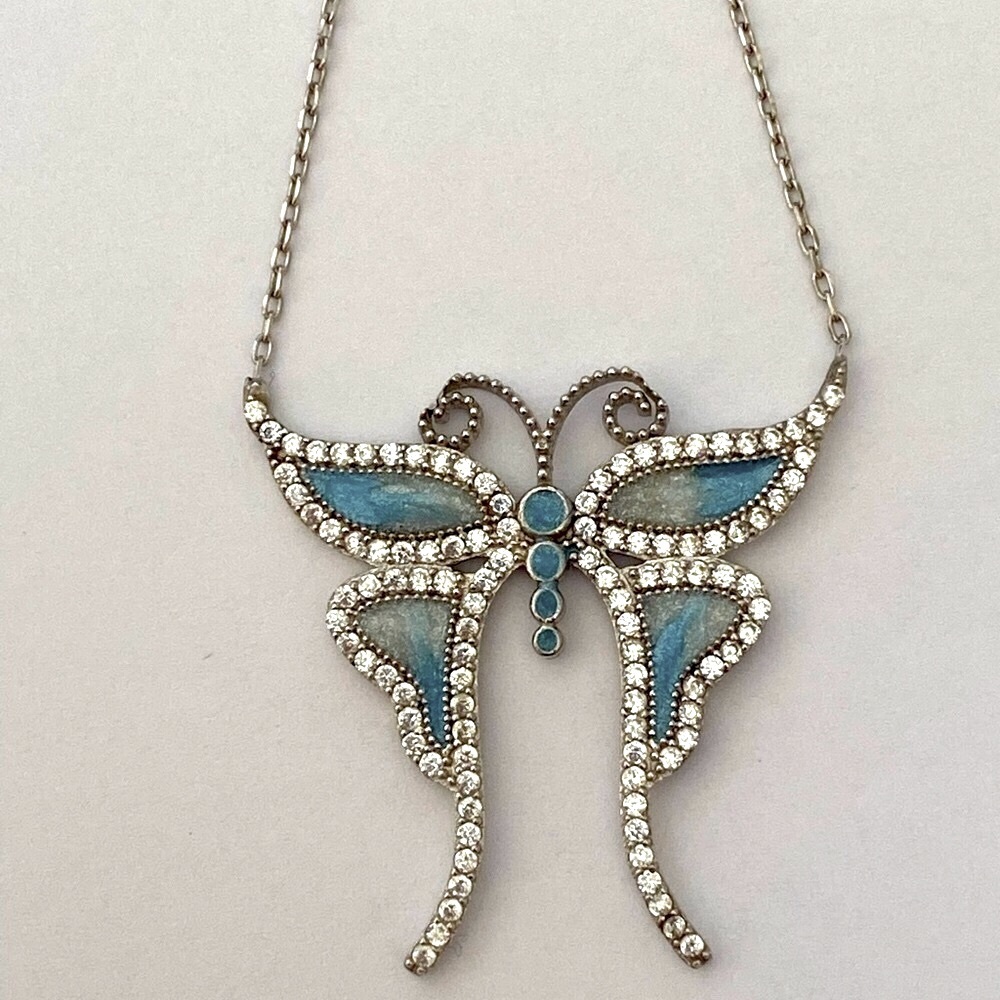 🦋925 Silver butterfly clear cz enamel necklace - Picture 1 of 2
